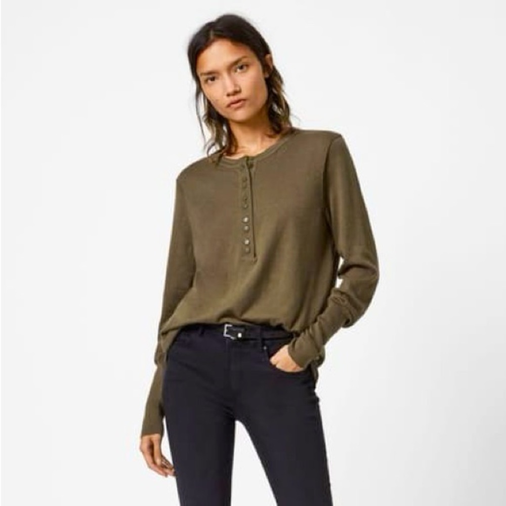 ALLSAINTS Afelia Mixed Media Henley Top in Olive Green size Large sweater